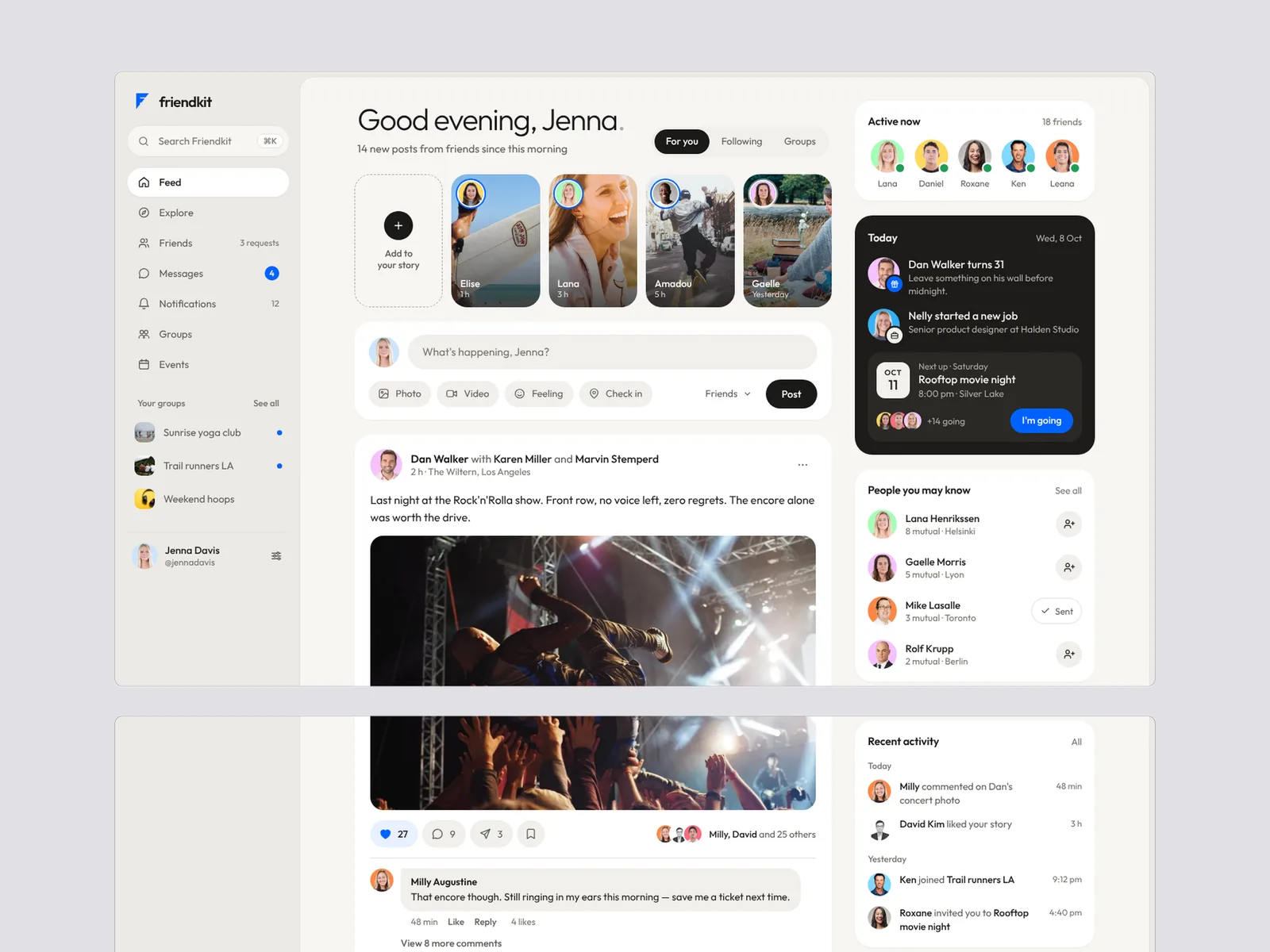Friendkit — a social feed: a row of stories, a post composer, a concert photo post and people you may know