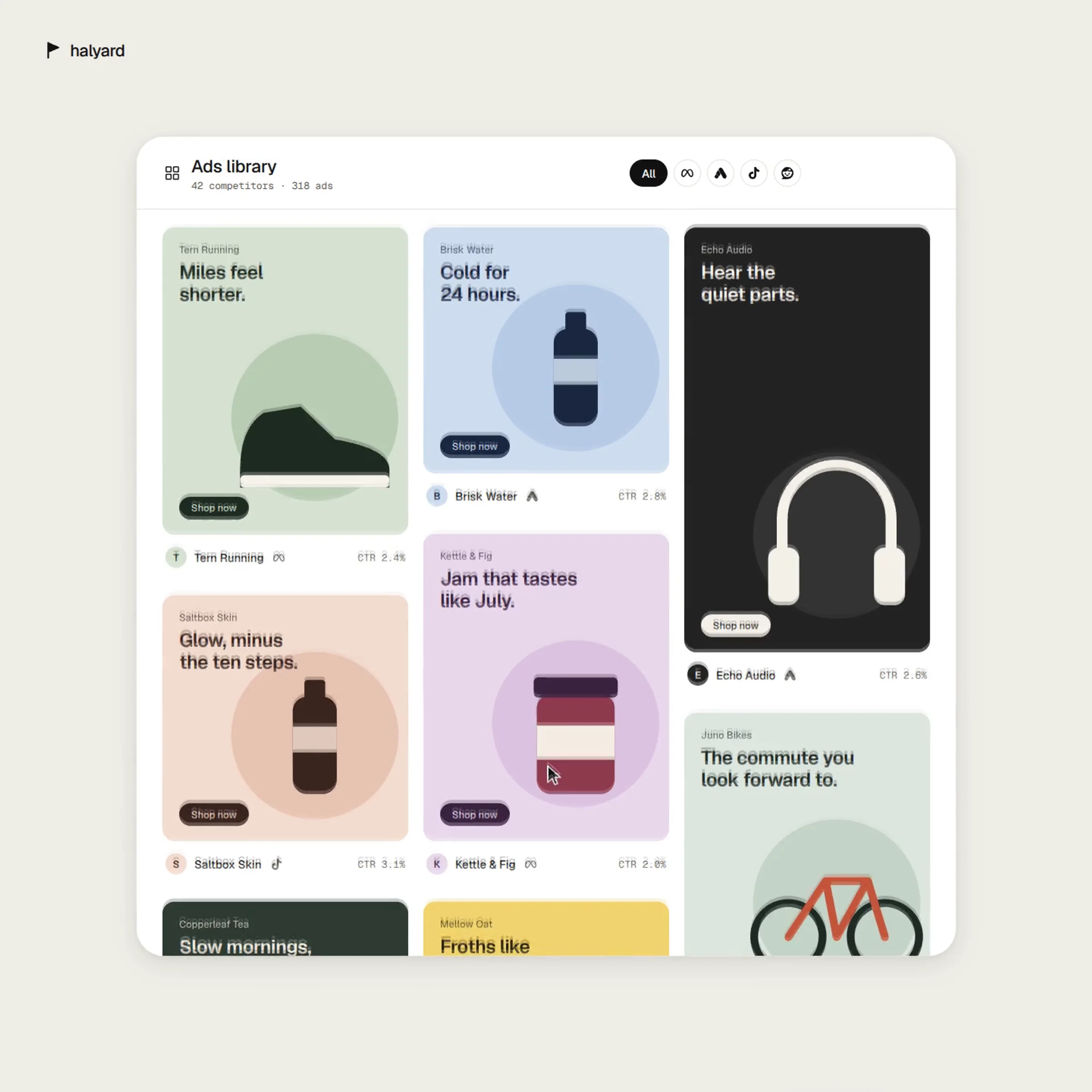 Halyard dashboard presentation: an ads library of product creatives in a grid