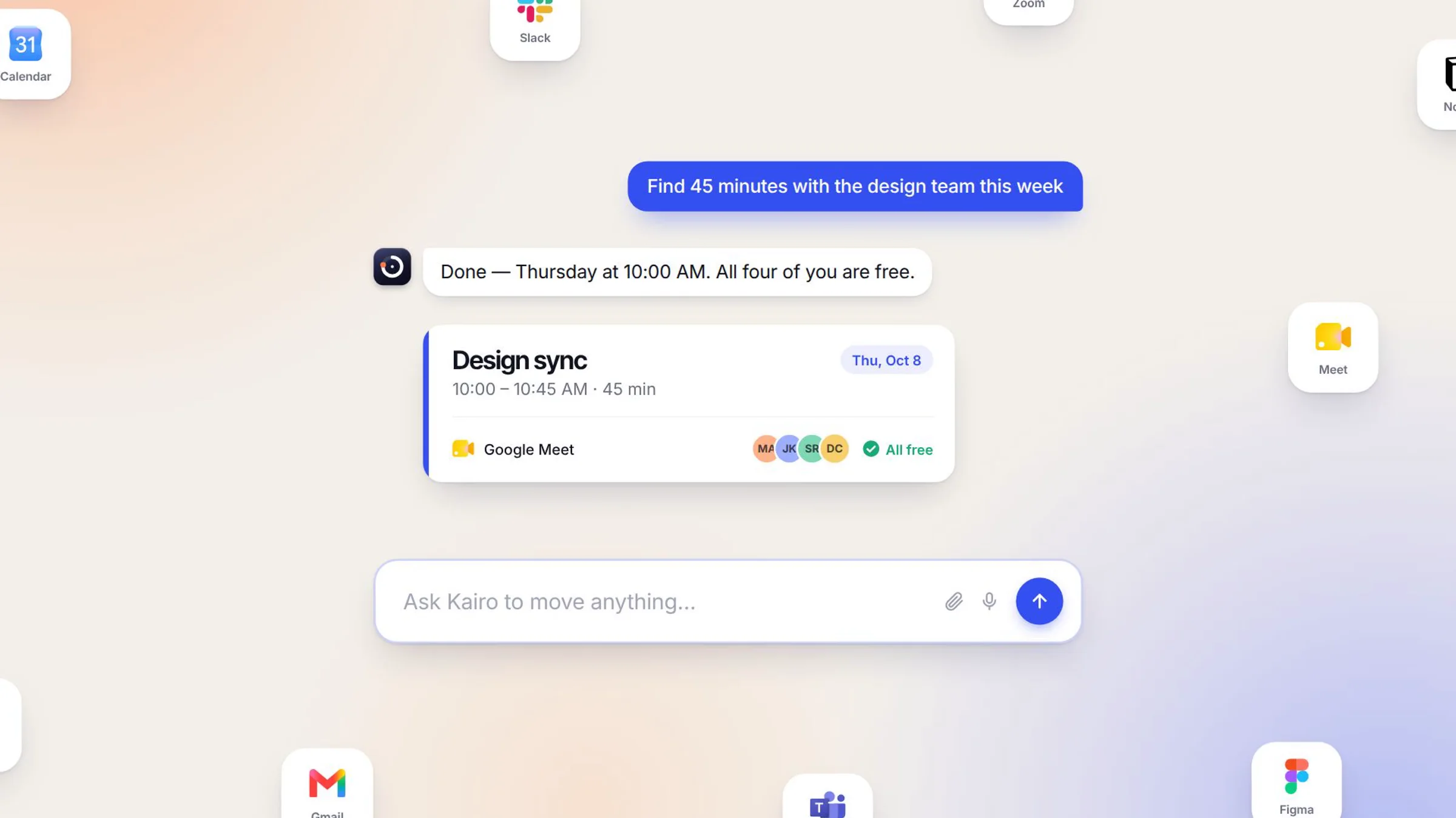 Kairo presentation: a chat asking for 45 minutes with the design team, answered with a booked meeting