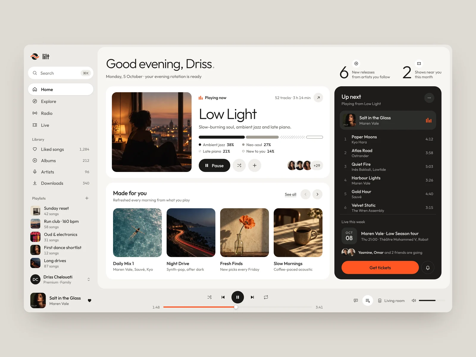lilt web player, framed: the evening rotation, Made for you mixes and the up-next queue
