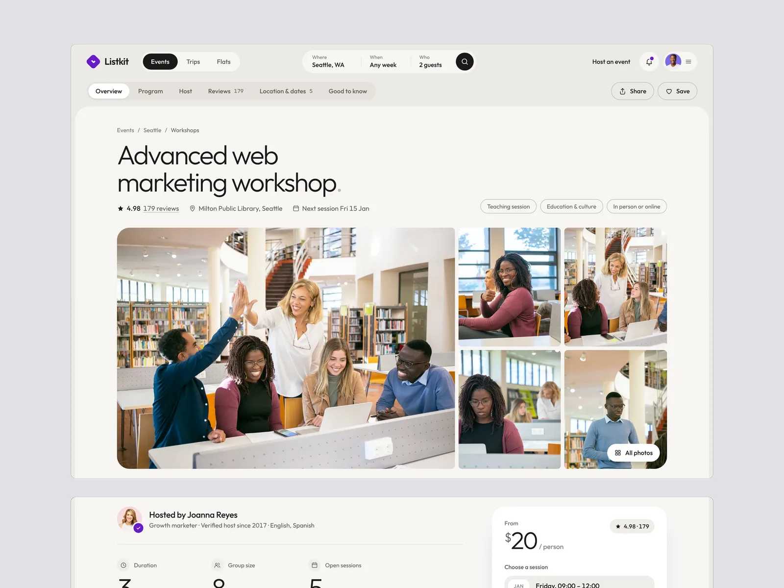 Listkit — an event page for a web marketing workshop: a photo gallery, reviews, the host and a price per person