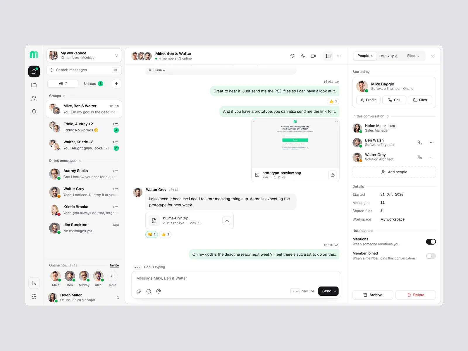 Moebius — a workspace chat: the conversation list, a group thread with shared files and the people in the conversation