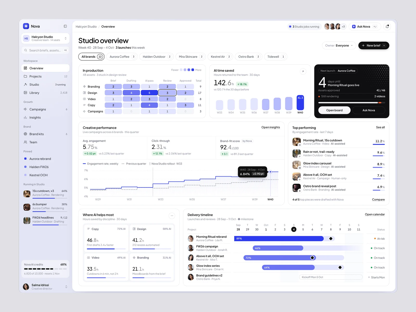 Nova studio dashboard overview, framed, light theme