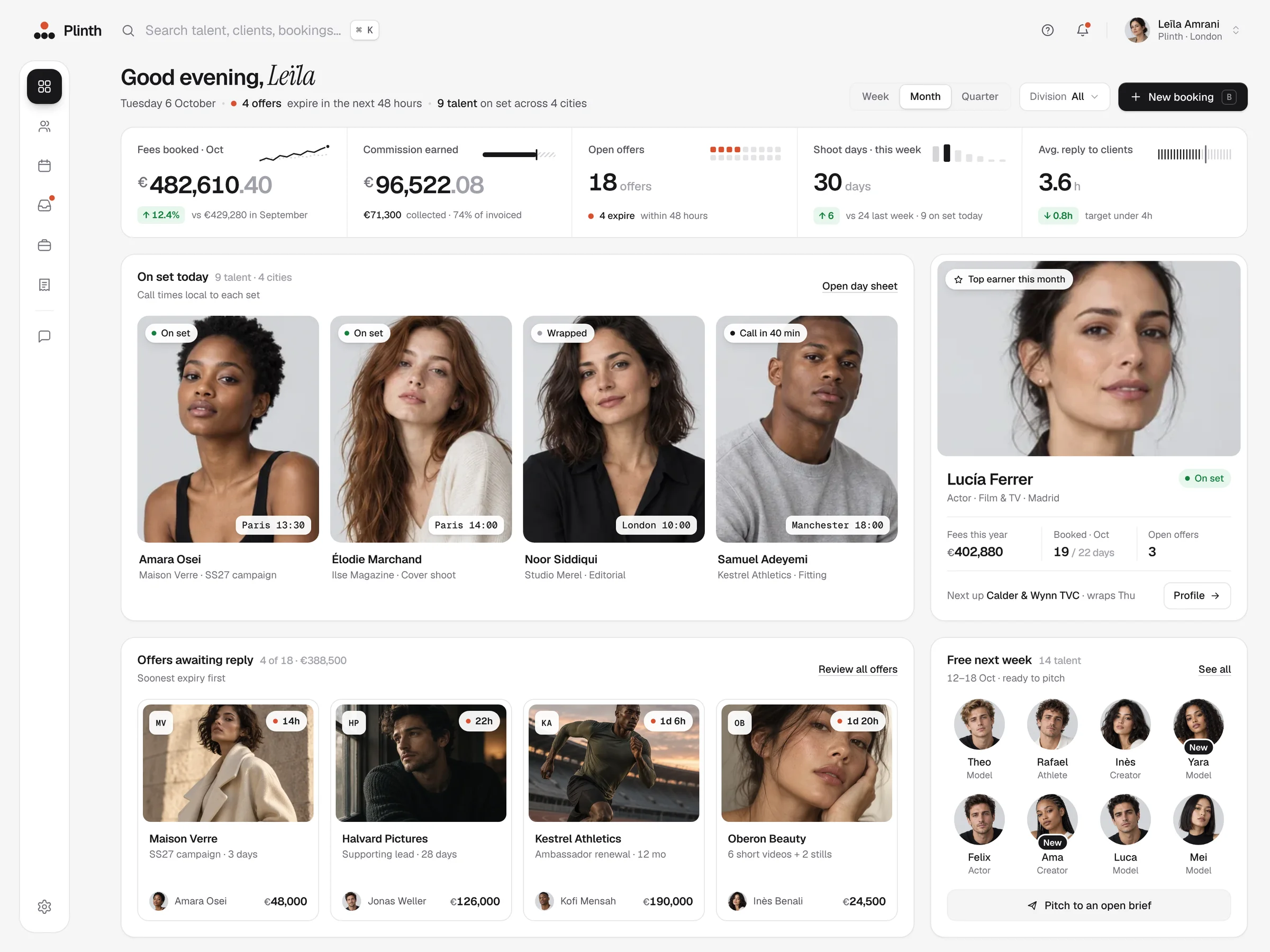 Plinth talent-agency dashboard with booking figures, talent on set and offers awaiting reply