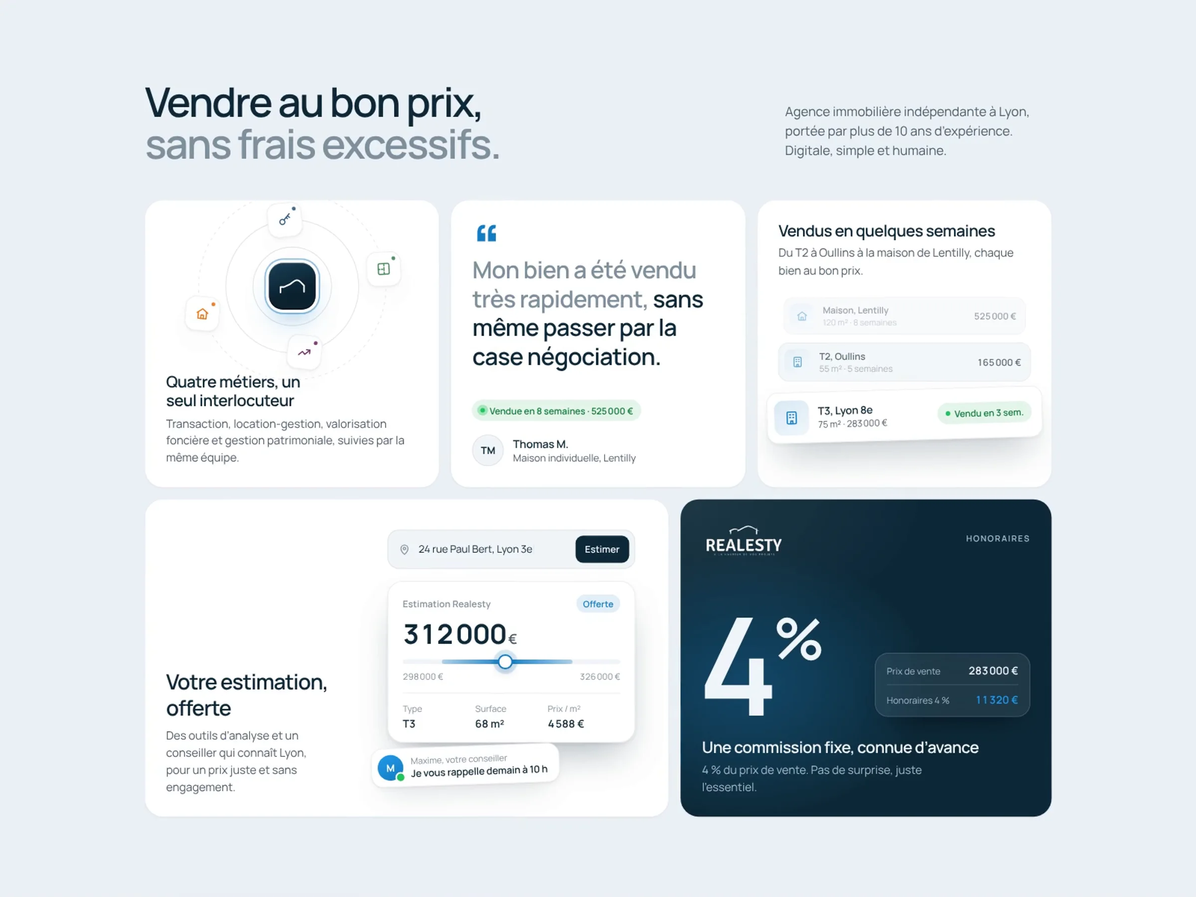 Realesty estate-agency bento in French with a property valuation, a client review and a 4% commission card