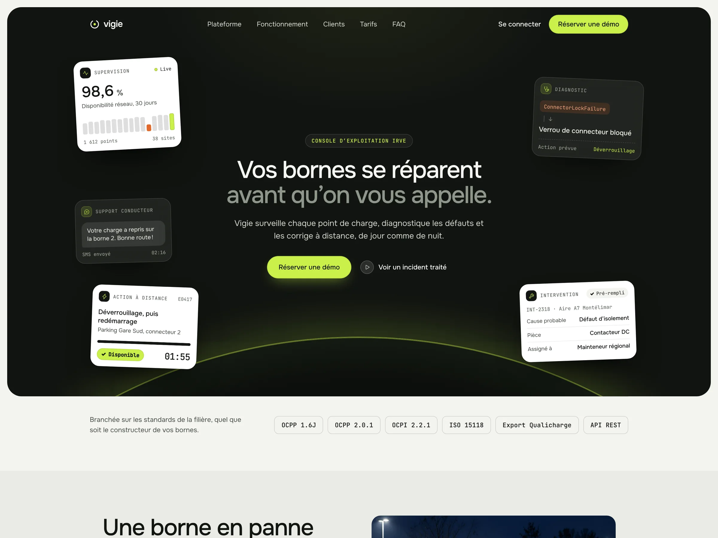 Vigie landing page for an EV-charging operations console, with a network status dashboard