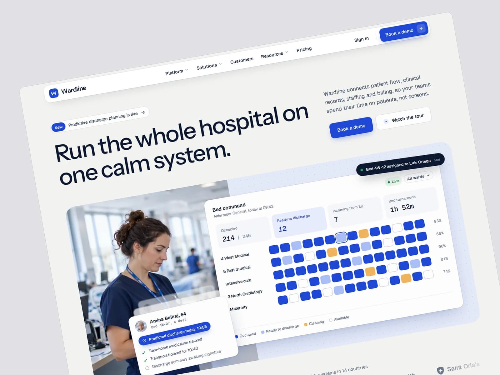 Wardline landing page hero, tilted: “Run the whole hospital on one calm system”, above a bed-management dashboard