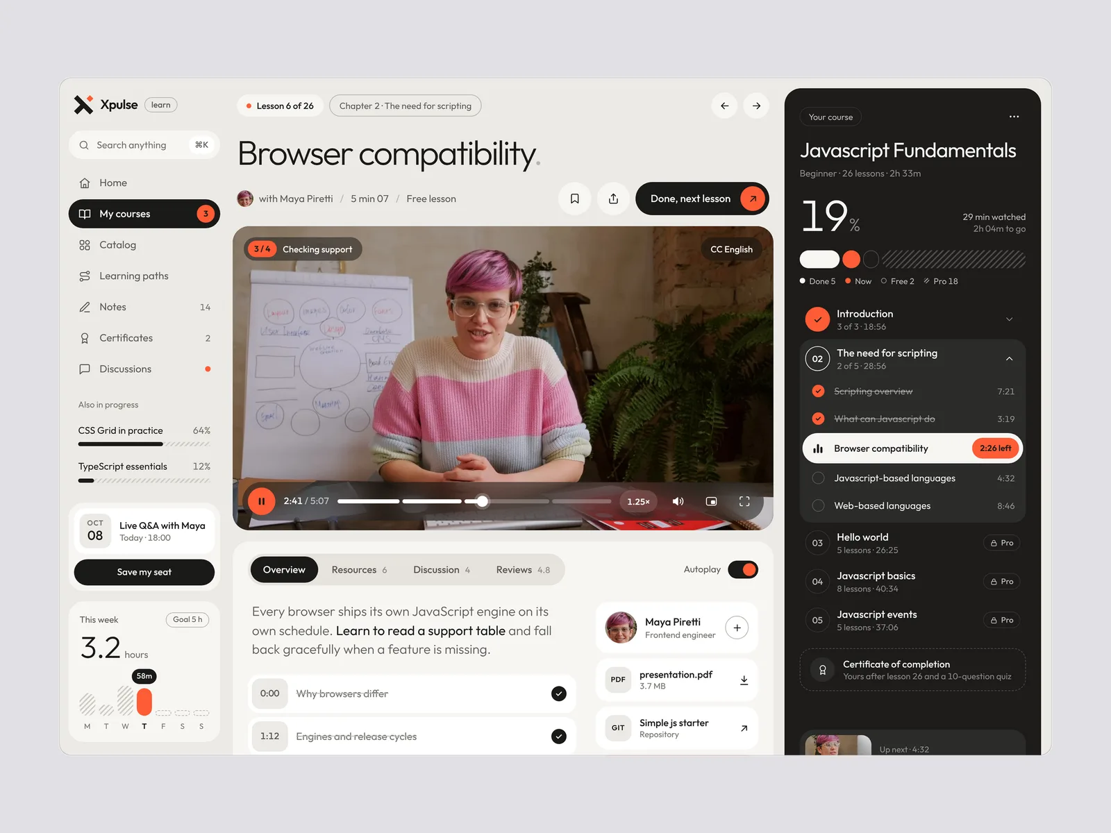 Xpulse — a course player: a video lesson on browser compatibility, the course progress and its lesson list
