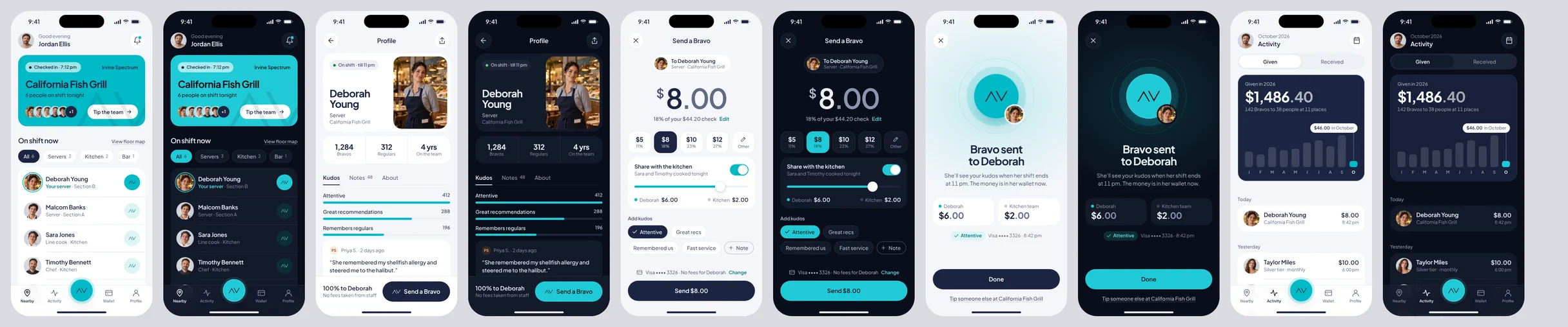 Bravo — the app flow from nearby to profile to sending a Bravo, in light and dark