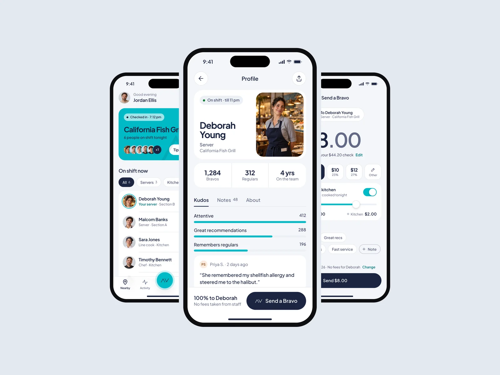 Bravo — screens fanned out: nearby, profile and sending a Bravo