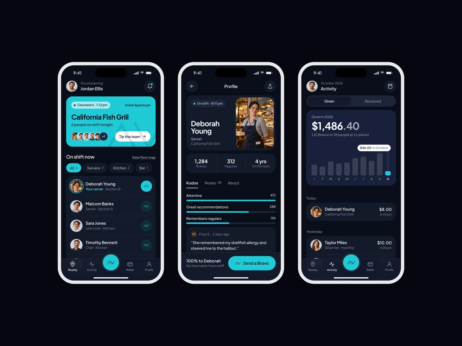 Bravo — the same three screens in dark mode