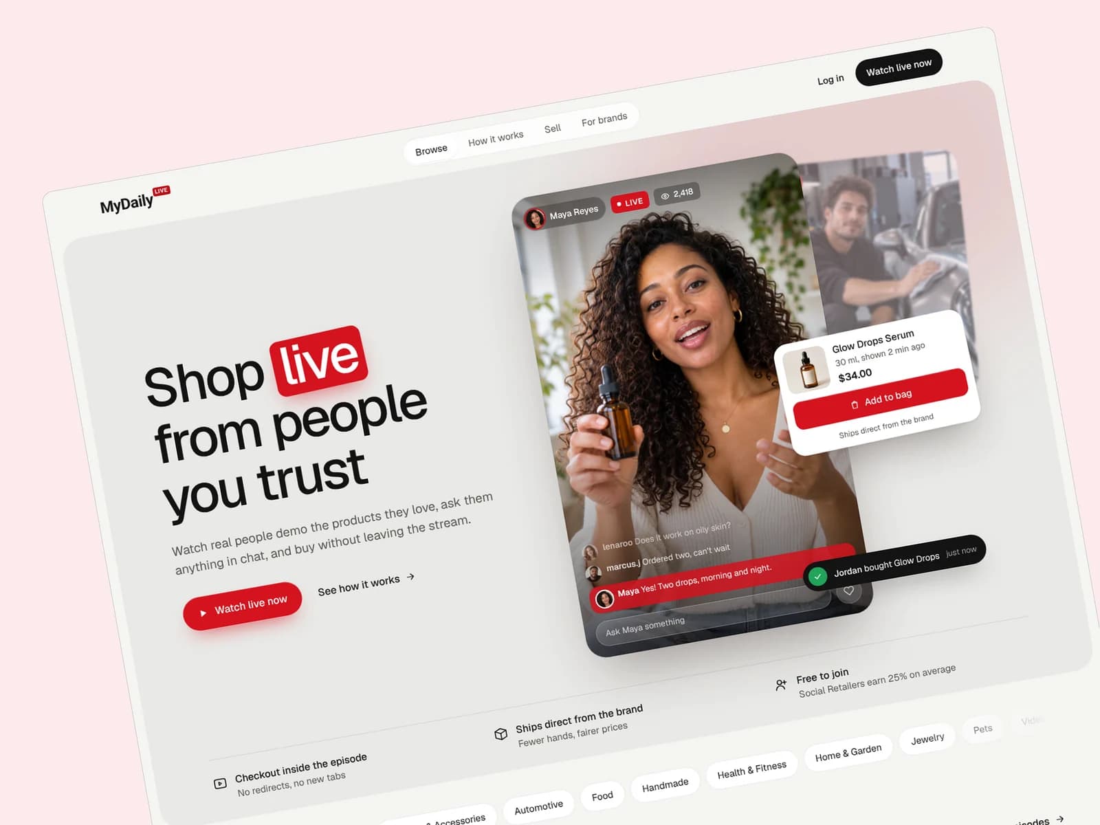MyDailyLive — the landing page hero, tilted: “Shop live from people you trust”