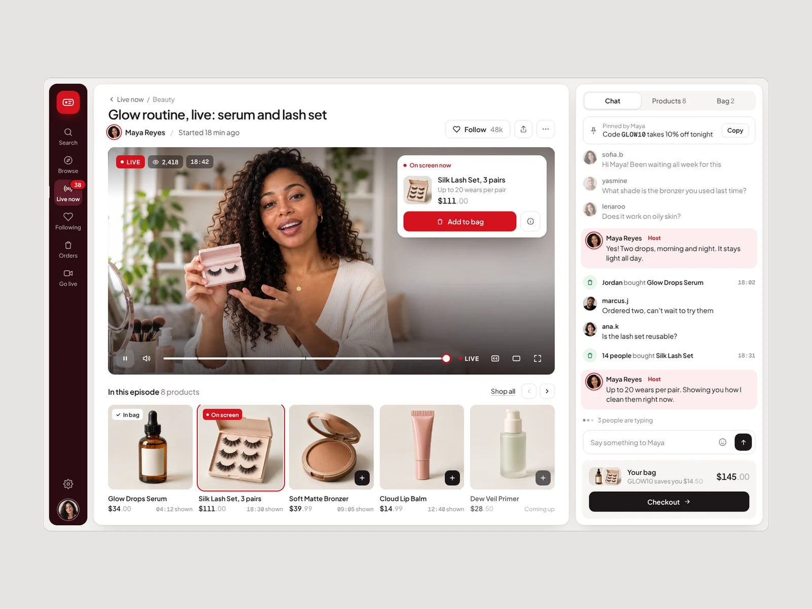 MyDailyLive web app — an episode framed: the live stream with the product on screen, the chat and the bag