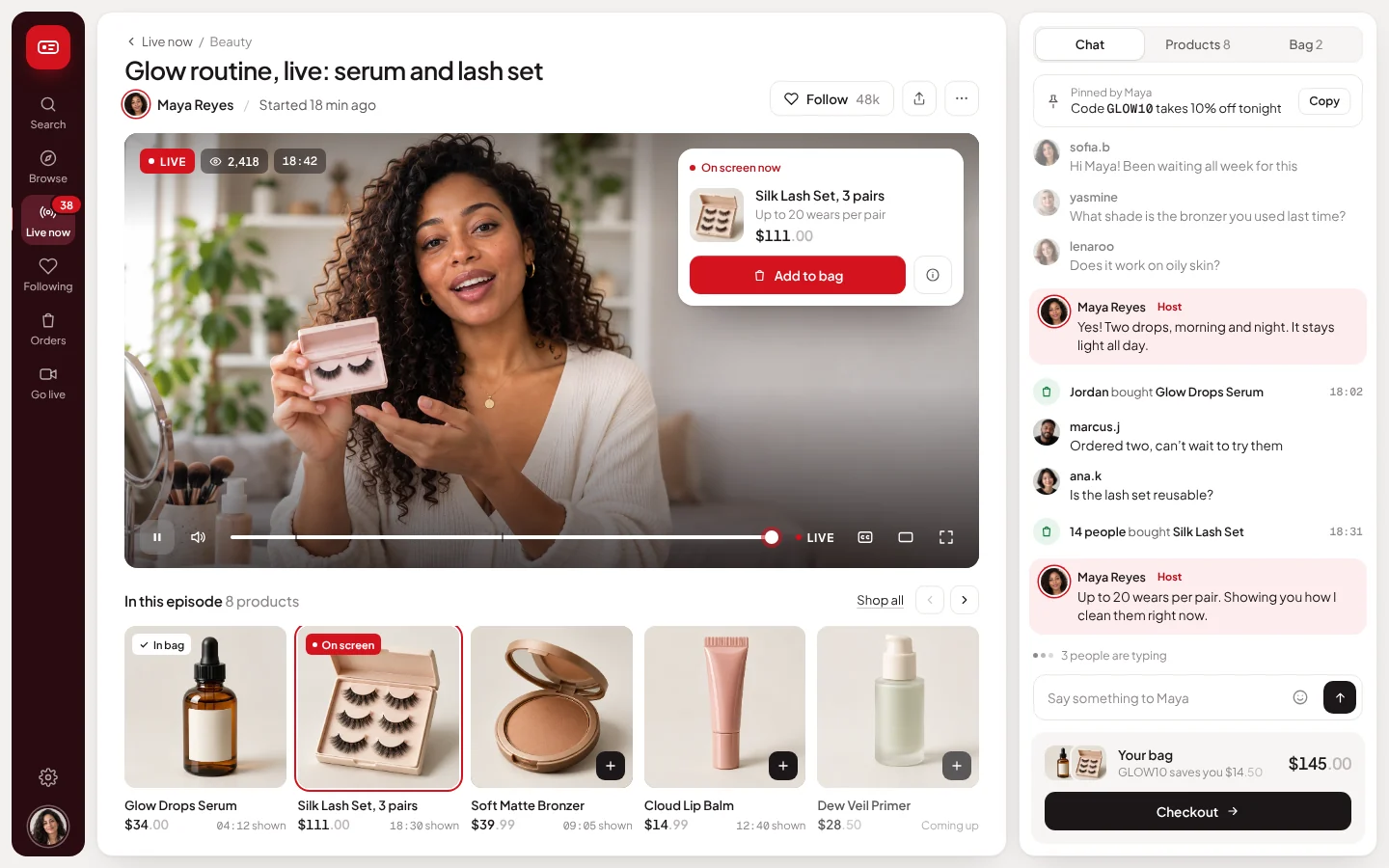 MyDailyLive web app — an episode page with the stream, the products in the episode and the live chat