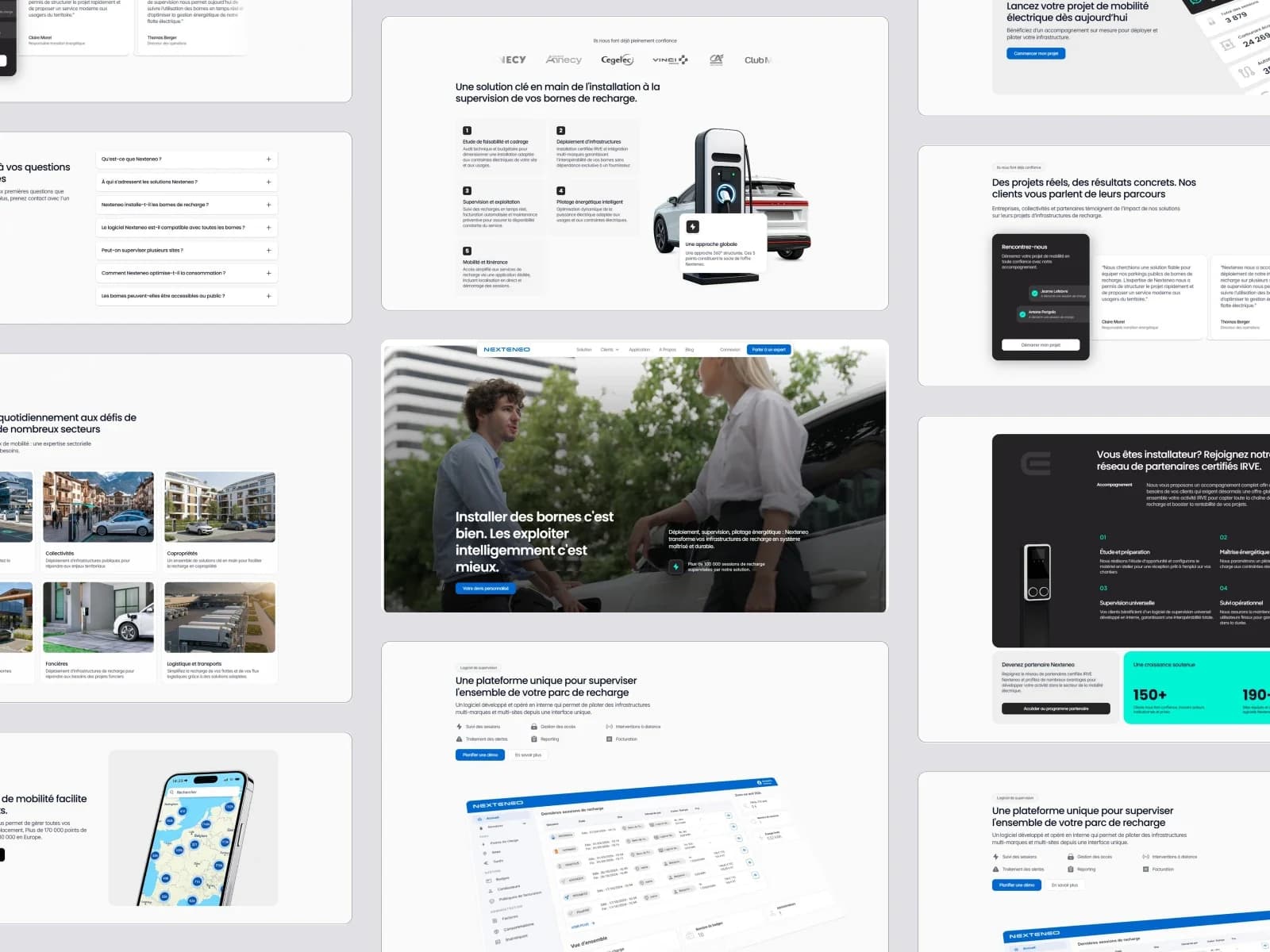 Nexteneo — the homepage hero among its page sections: services, sectors, FAQ, partner programme, testimonials and the supervision platform