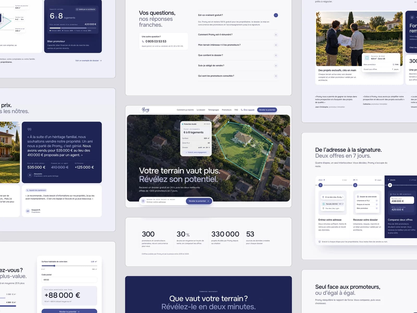 Promy — page sections in a masonry grid