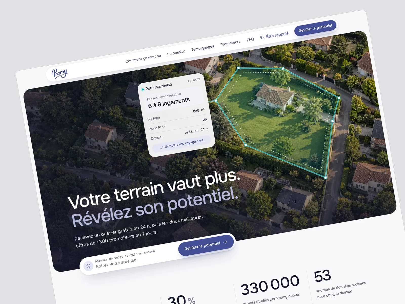 Promy — the homepage hero, tilted: “Votre terrain vaut plus”, an aerial view of a plot with its outline and a potential card