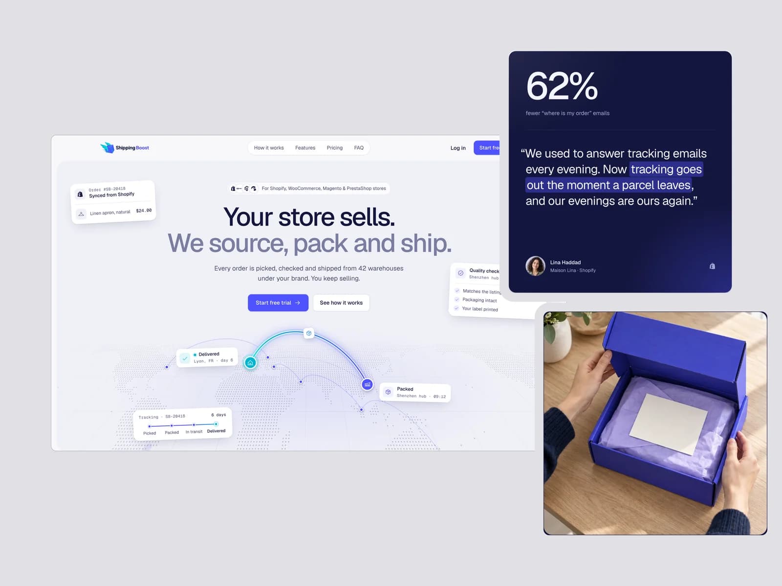 Shipping Boost — the homepage hero beside a customer story and a branded parcel