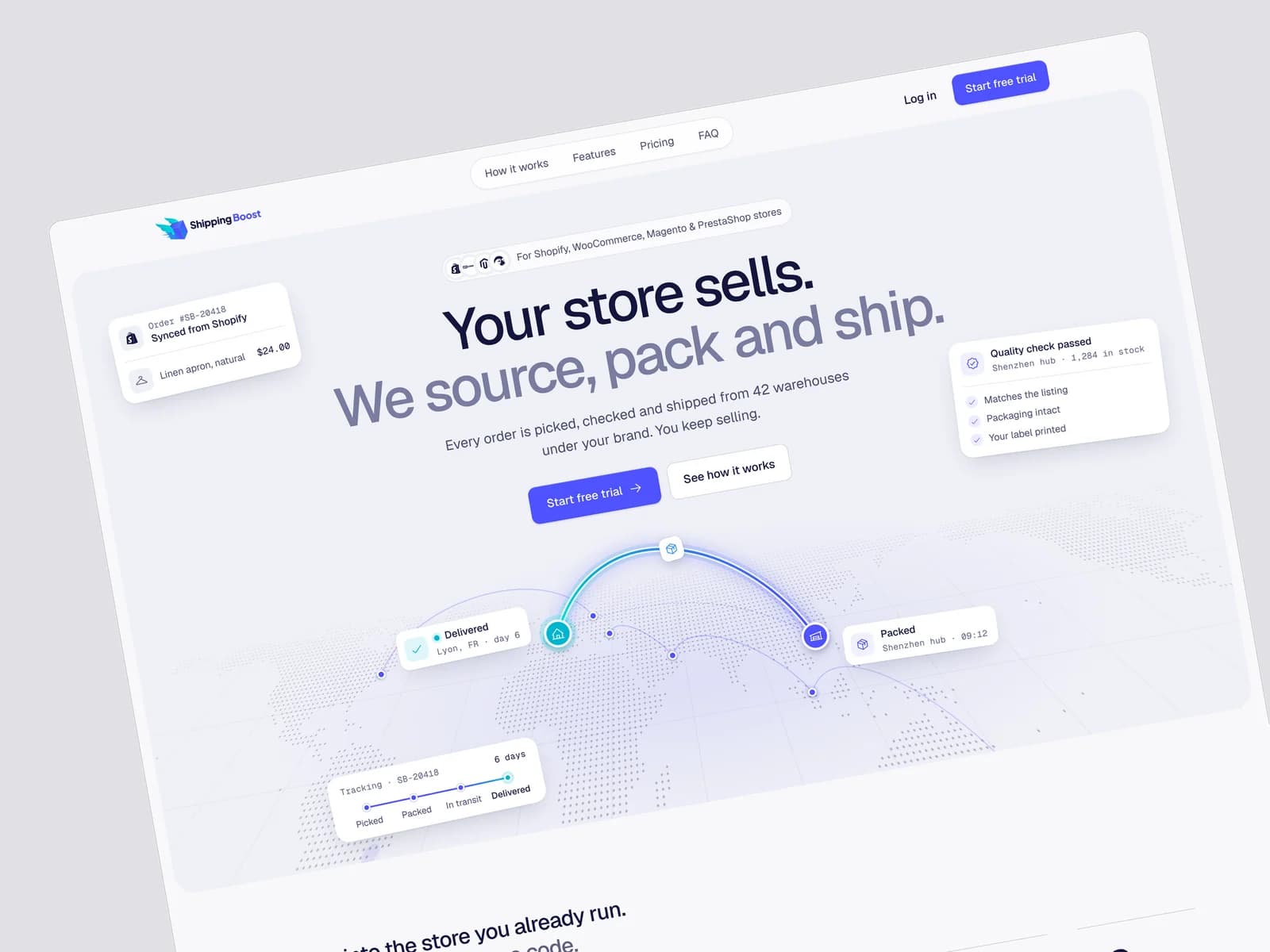 Shipping Boost — the homepage hero: “Your store sells. We source, pack and ship.” over a map of an order’s route