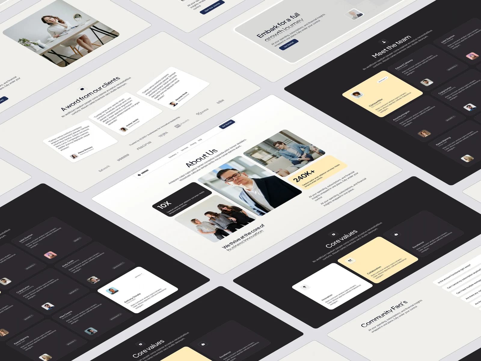 Xeria — the about page screens on an isometric grid